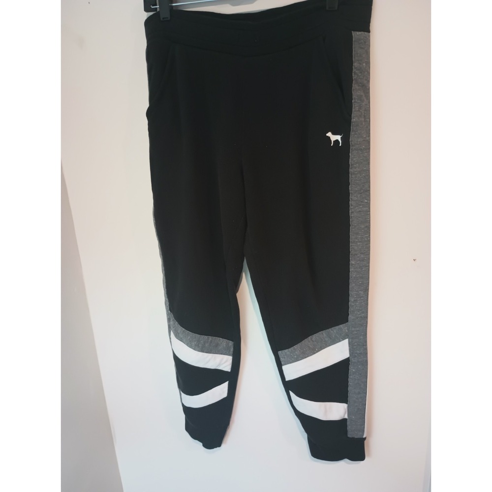 PINK Victoria's Secret Sweatpants Women Large Black Grey Stripe Joggers Logo